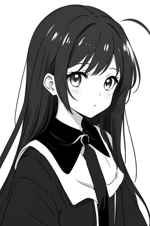 Hình ảnh anime nữ trắng đen với chi tiết khăn quàng cổ