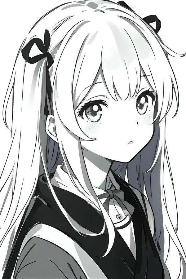 Hình ảnh anime nữ trắng đen với tư thế đứng nghiêm túc