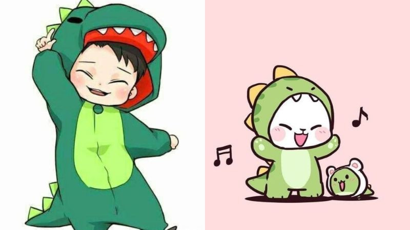 Hình ảnh avatar chú khủng long chibi màu xanh đang nghe nhạc bằng tai nghe, biểu cảm siêu cute, hình ảnh avatar đẹp cho con gái ngầu