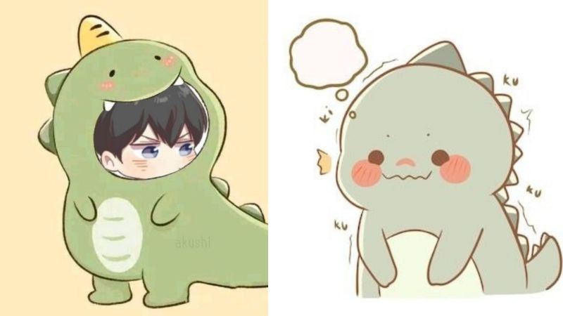 Hình ảnh avatar chú khủng long chibi màu xanh đang suy nghĩ với biểu cảm đáng yêu, hình ảnh avatar đẹp cho con gái ngầu