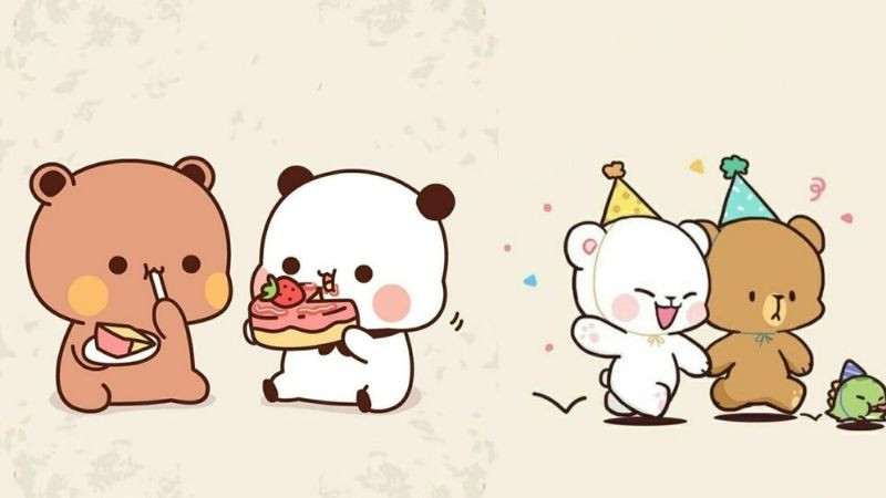 Hình ảnh avatar hai chú gấu hoạt hình đang ngồi ăn bánh kem rất ngon miệng, hình ảnh avatar dễ thương