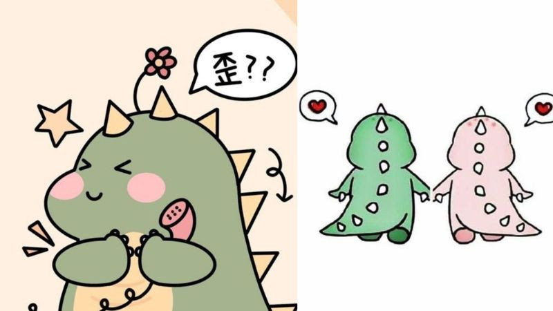 Hình ảnh avatar hai chú khủng long chibi màu xanh và hồng nắm tay nhau đi dạo hạnh phúc, hình ảnh avatar đẹp