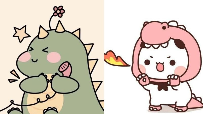 Hình ảnh avatar khủng long xanh chibi đang nghe điện thoại, biểu cảm cute, hình ảnh avatar đẹp