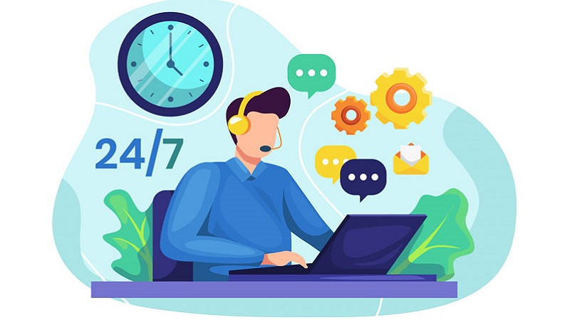 Hình ảnh bản đồ thế giới với các điểm đánh dấu, tượng trưng cho việc sử dụng đội ngũ hỗ trợ từ xa ở nhiều múi giờ khác nhau.