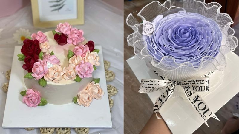 Hình ảnh bánh sinh nhật đẹp với lớp kem phủ mịn và hoa hồng kem