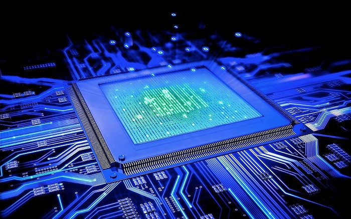 Hình ảnh cận cảnh cấu tạo bên trong của chip CPU với các bóng bán dẫn và mạch điện