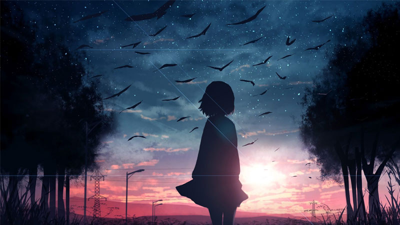 Hình ảnh cảnh buồn anime một người ngồi nhìn ra biển