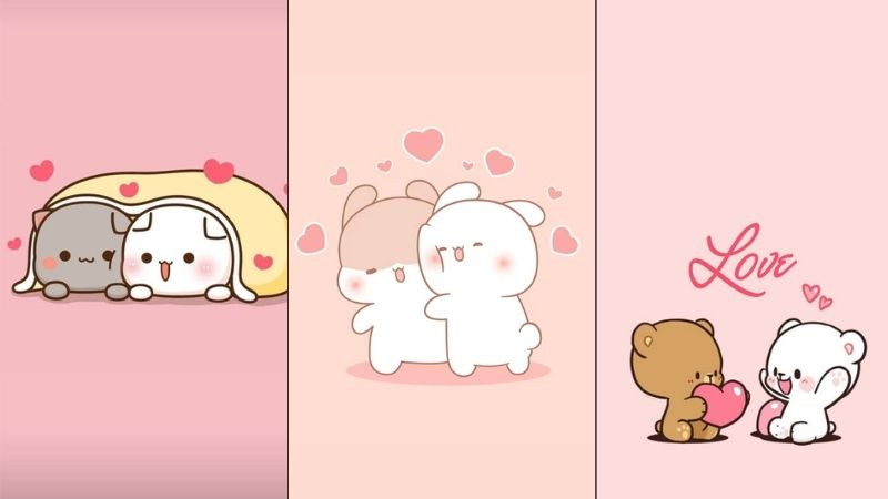 Hình ảnh cặp đôi yêu nhau trên nền màu hồng lãng mạn