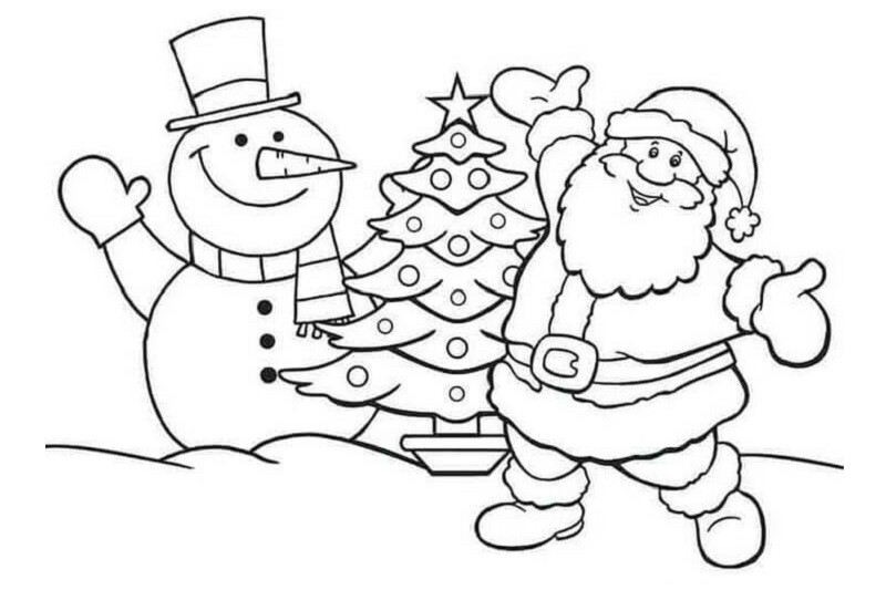 Hình ảnh cây thông Noel và ông già Noel để bé tập tô