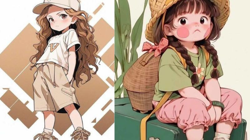 Hình ảnh chibi bé gái tóc hồng đội mũ, đang đi học, rất đáng yêu