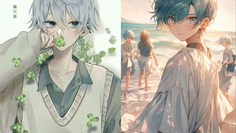 Hình ảnh chibi chàng trai cool ngầu, cầm cỏ bốn lá may mắn