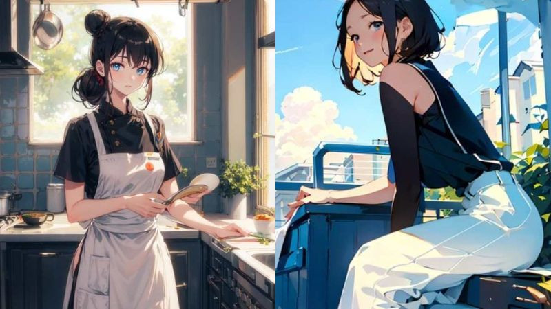 Hình ảnh chibi cô gái đang nấu ăn, trông rất xinh đẹp và tỏa sáng