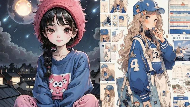 Hình ảnh chibi cô gái đứng dưới ánh trăng, trang phục phong cách