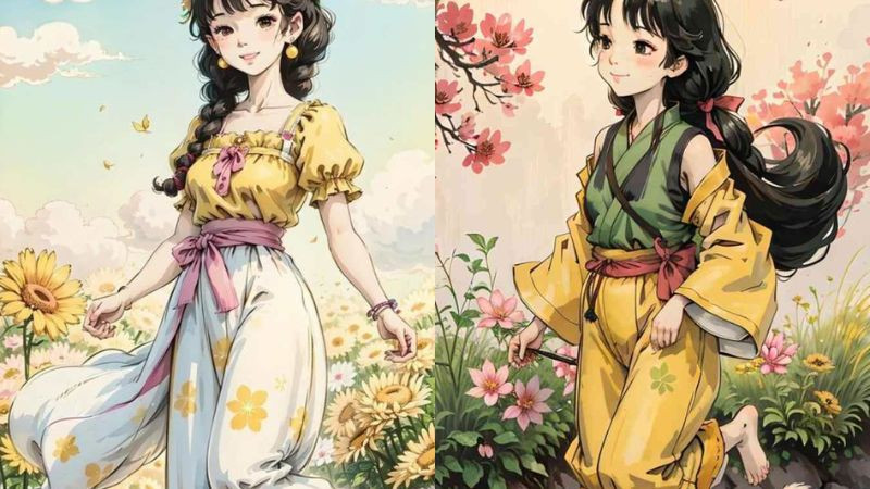 Hình ảnh chibi cô gái đứng giữa cánh đồng hoa rực rỡ, vui vẻ