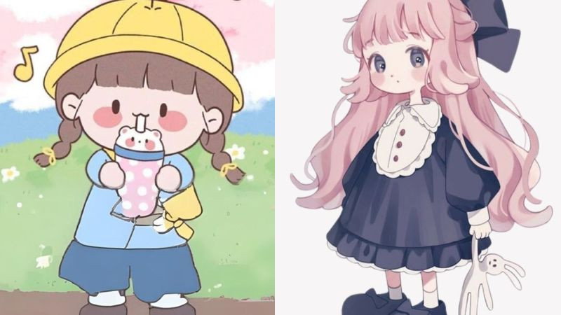 Hình ảnh chibi cô gái nhỏ bé cầm bình sữa, vẻ mặt cute