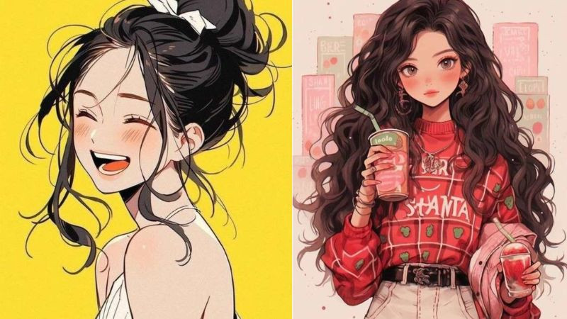 Hình ảnh chibi cô gái tóc đen cười tươi, thể hiện sự hạnh phúc