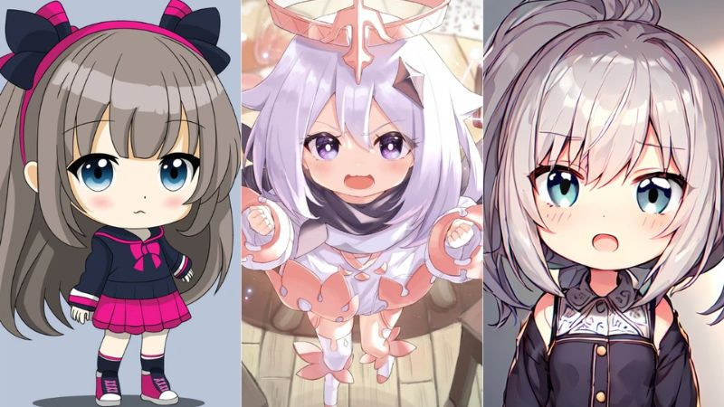 Hình ảnh chibi cô gái tóc hồng, biểu cảm ngây thơ, mặc váy