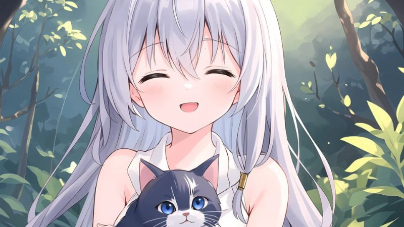 Hình ảnh chibi cô gái tóc tím ôm chú mèo, trông rất dễ thương