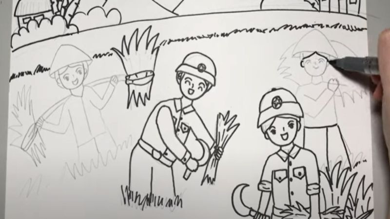 Hình ảnh chú bộ đội giúp dân gặt lúa