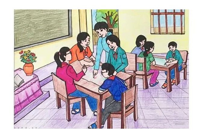 Hình ảnh cô giáo đang tận tình hướng dẫn học sinh học bài
