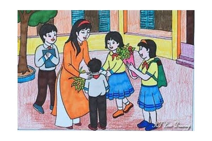 Hình ảnh cô giáo và các em học sinh cùng nhau đọc sách