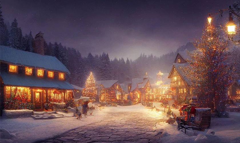 Hình ảnh con đường đêm Giáng sinh được trang trí bằng đèn lung linh