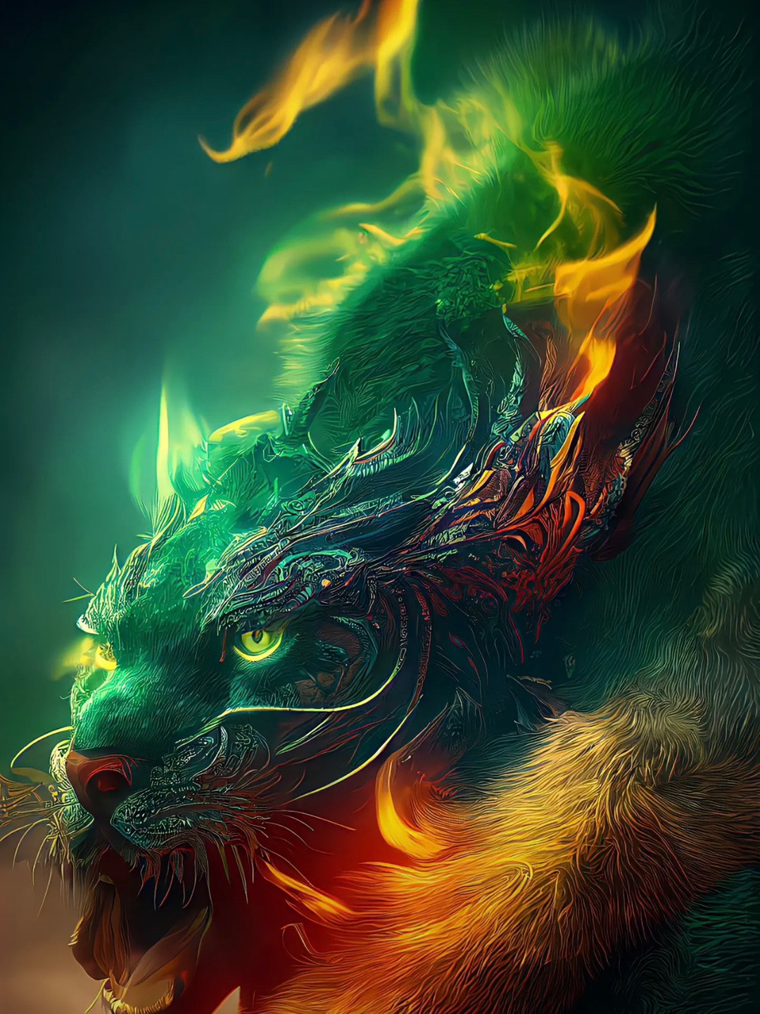 Hình ảnh con hổ 3D được bao quanh bởi hiệu ứng lửa