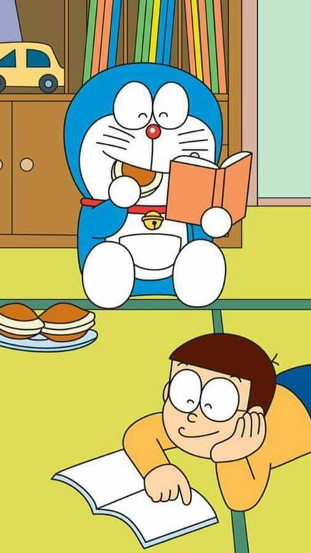 Hình ảnh Doremon đứng cạnh Nobita với biểu cảm vui vẻ