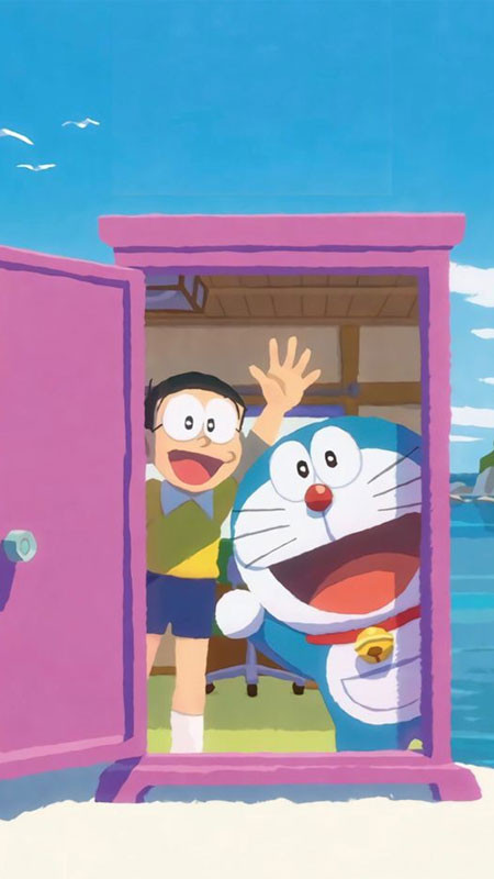 Hình ảnh Doremon và Nobita đang vui đùa hoặc trò chuyện thân mật