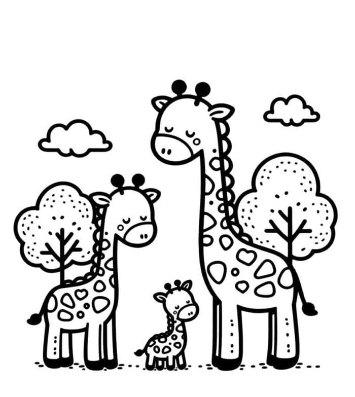 Hình ảnh gia đình hươu cao cổ dễ thương trong bản vẽ tô màu