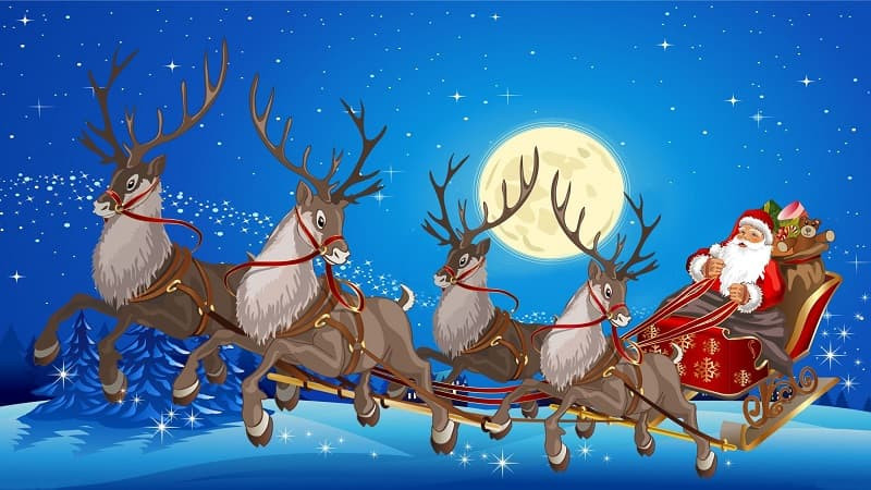 Hình ảnh Giáng sinh cute vẽ ông già Noel và chú tuần lộc Rudolph bay trên bầu trời