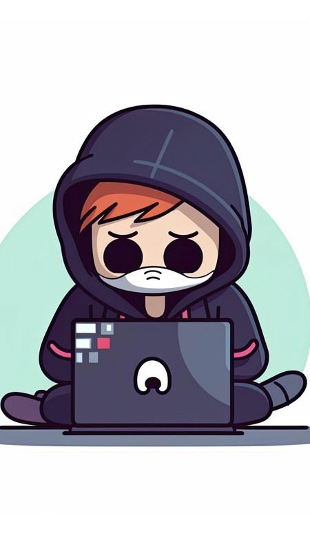 Hình ảnh hacker chibi dễ thương ngồi trên biểu tượng @