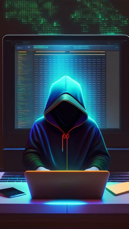 Hình ảnh hacker ngầu ngồi trước nhiều màn hình máy tính