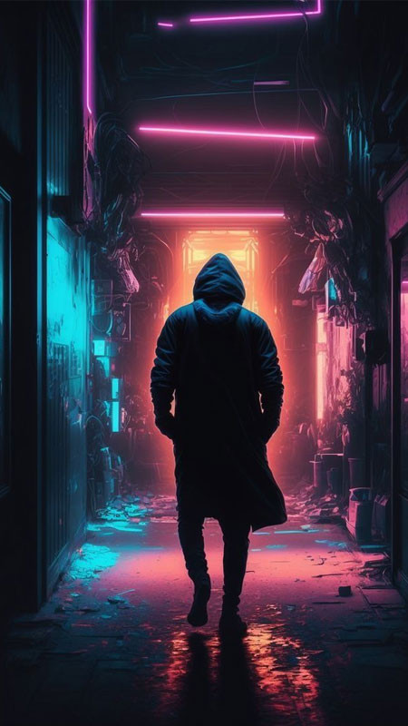 Hình ảnh hacker ngồi trước màn hình đầy code với ánh sáng neon