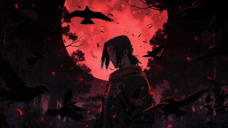 Hình ảnh Itachi Uchiha với mái tóc dài và đôi mắt Sharingan