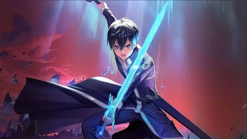 Hình ảnh Kirito đứng trong một khu rừng ảo thơ mộng trong SAO