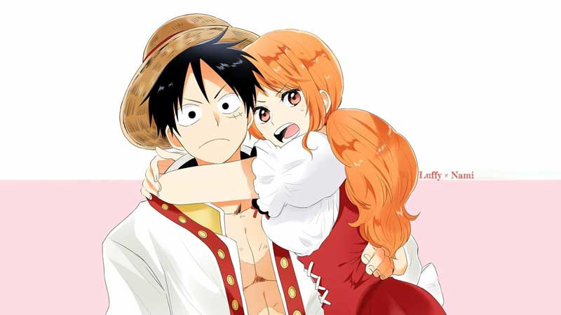Hình ảnh Luffy và Nami biểu cảm thân thiết.