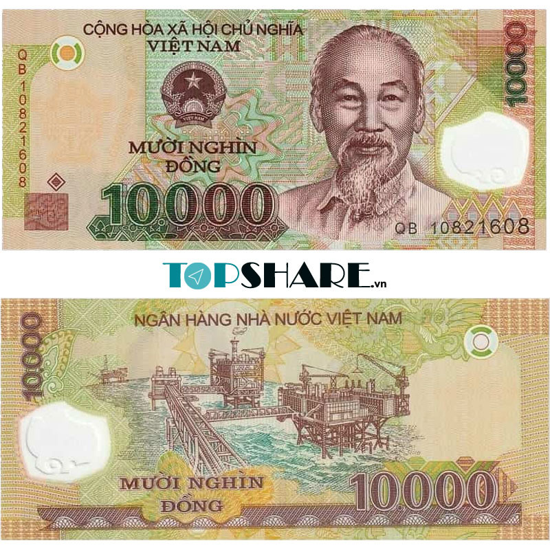 Hình ảnh mặt sau tờ tiền giấy 10000 VNĐ Việt Nam có in hình Giàn khoan dầu khí