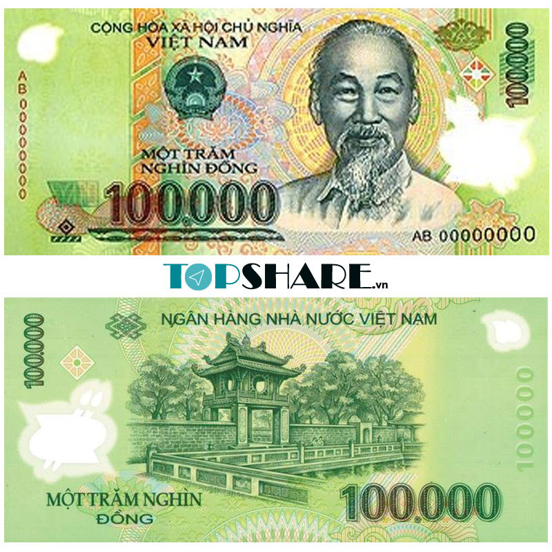 Hình ảnh mặt sau tờ tiền giấy 100000 VNĐ Việt Nam có in hình Văn Miếu Quốc Tử Giám