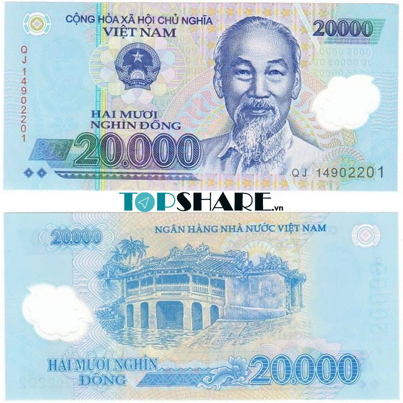 Hình ảnh mặt sau tờ tiền giấy 20000 VNĐ Việt Nam có in hình Chùa Cầu Hội An