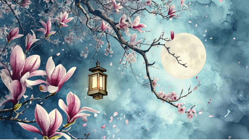 Hình ảnh mặt trăng đêm xuân trên cảnh cây