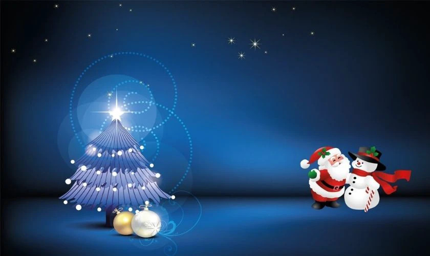 Hình ảnh một chú cáo hoạt hình đội mũ Noel, ngồi trên cành cây phủ tuyết