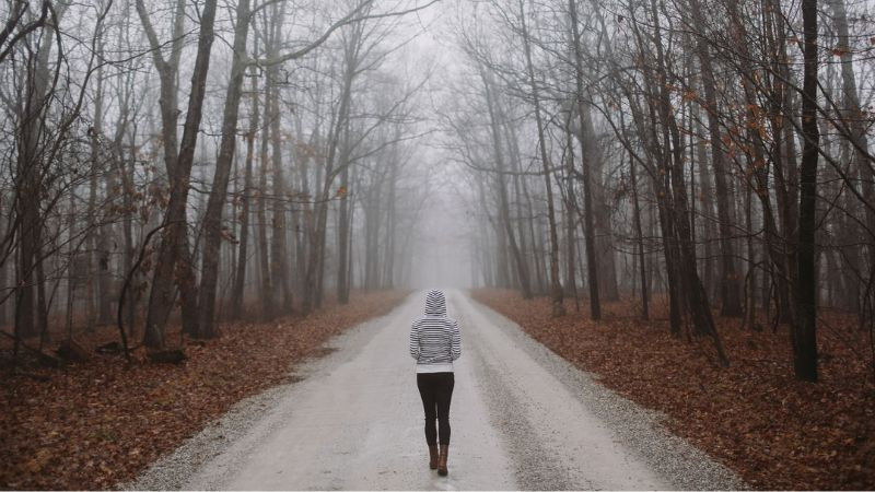 Hình ảnh một người đơn độc giữa rừng sâu, gợi cảm giác lạc lõng và cô lập