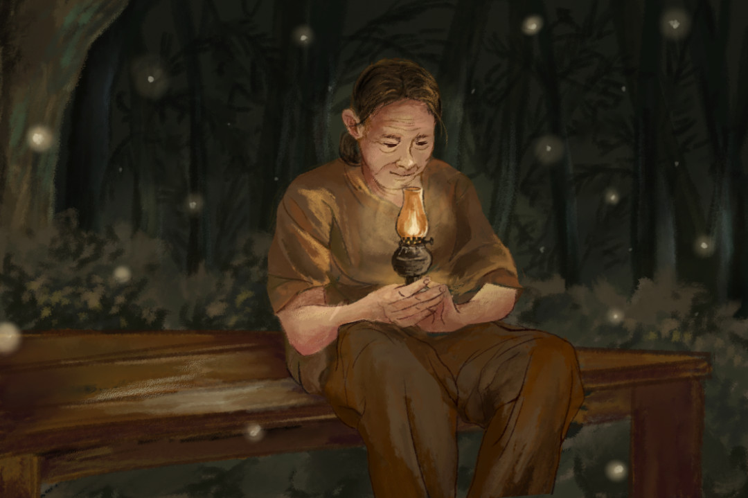 Hình ảnh người mẹ với vẻ mặt đượm buồn ngồi một mình bên ánh đèn vào ban đêm