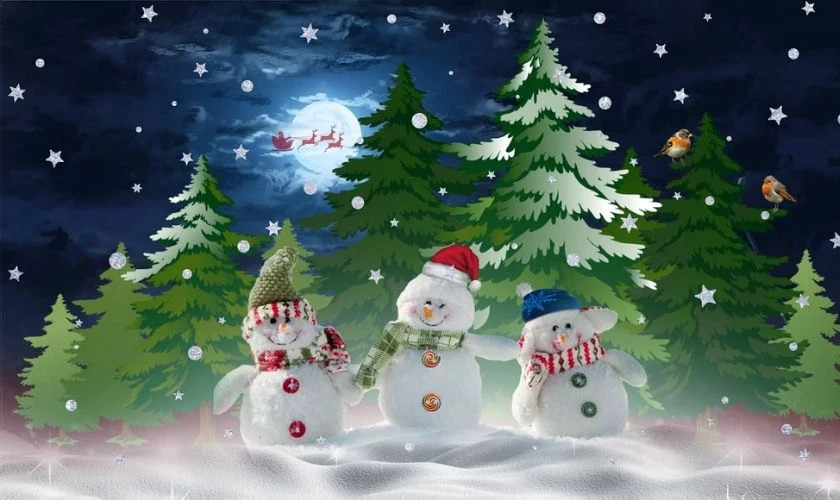 Hình ảnh người tuyết và cây thông Noel được trang trí bằng đèn nháy