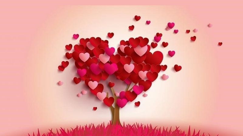 Hình ảnh nhiều trái tim tạo thành một cây cổ thụ màu hồng