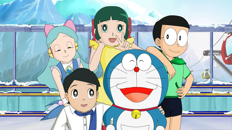 Hình ảnh nhóm bạn Doremon đang nhìn về phía trước, có thể là chuẩn bị cho một cuộc phiêu lưu