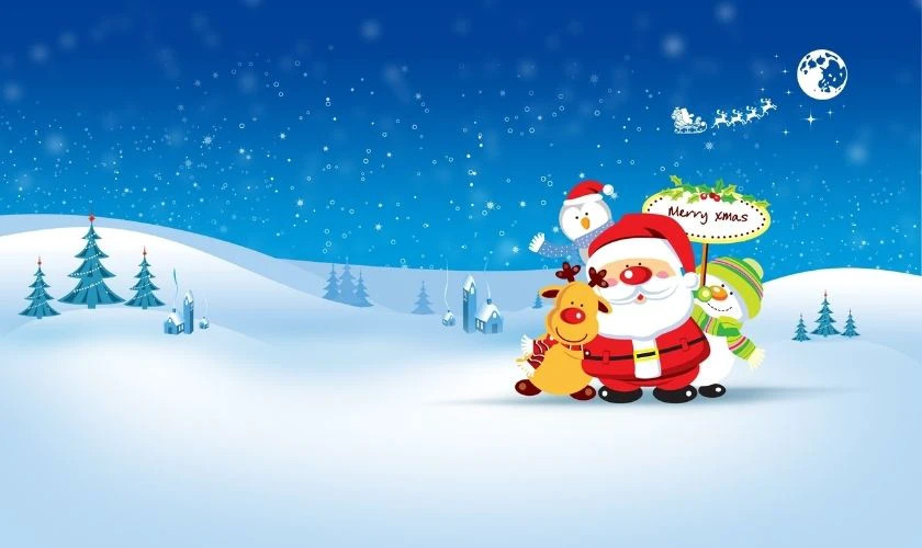 Hình ảnh những chiếc tất Giáng sinh treo trên lò sưởi được vẽ theo phong cách hoạt hình dễ thương