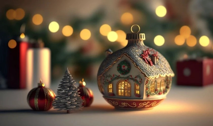 Hình ảnh những đồ trang trí Giáng sinh như vòng nguyệt quế và đèn