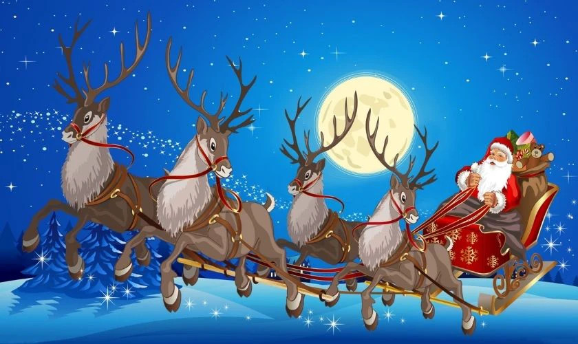 Hình ảnh ông già Noel cưỡi tuần lộc bay qua bầu trời đêm đầy sao